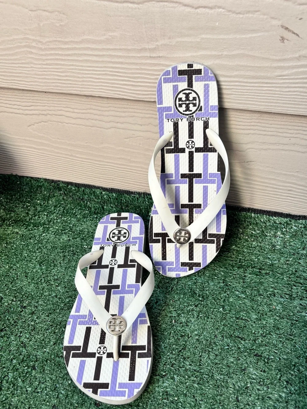 Tory Burch Flip Flop Sandals in White, Purple & Black